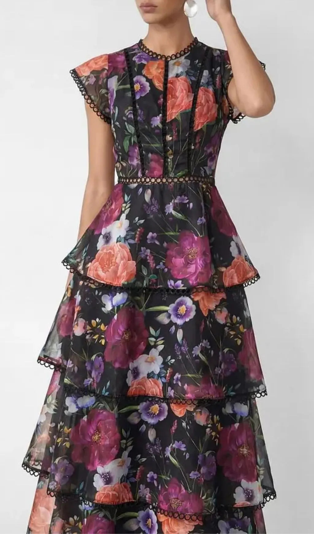 Black Floral Print Tiered Ruffle Maxi Dress Flowering Girl