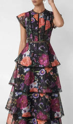 Black Floral Print Tiered Ruffle Maxi Dress Flowering Girl