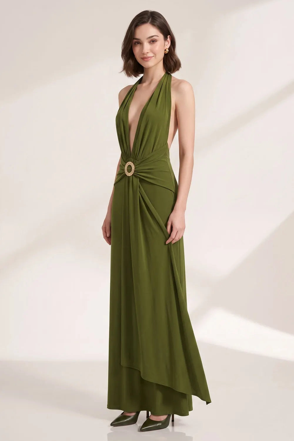 Olive Green Fluid Jersey Column Dress Flowering Girl