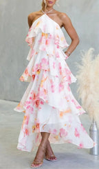 Floral Ruffle Halter Neck Midi Dress - Pink Flowering Girl