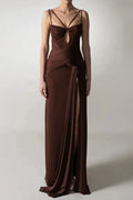 Pleated Strappy Draped Slit Maxi Dress In Brown Flowering Girl