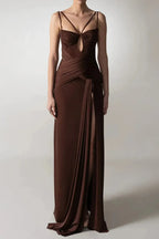 Pleated Strappy Draped Slit Maxi Dress In Brown Flowering Girl