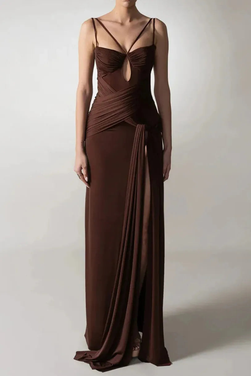 Pleated Strappy Draped Slit Maxi Dress In Brown Flowering Girl
