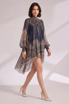 Navy Blue Sheer Chiffon Loose A-Line High-Low Drape Mini Dress Flowering Girl