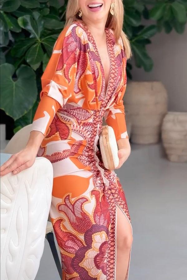 Unique Print Dolman Long Sleeve Ruched Slit Midi Dress Flowering Girl