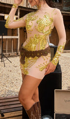 Eslune Rhinestone Sequin Mini Dress Flowering Girl