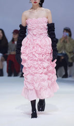 Folding Ruffled Midi Dress In Pink Flowering Girl