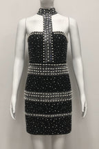Nelly Pearl Rhinestone Halter Mini Dress In Black Flowering Girl