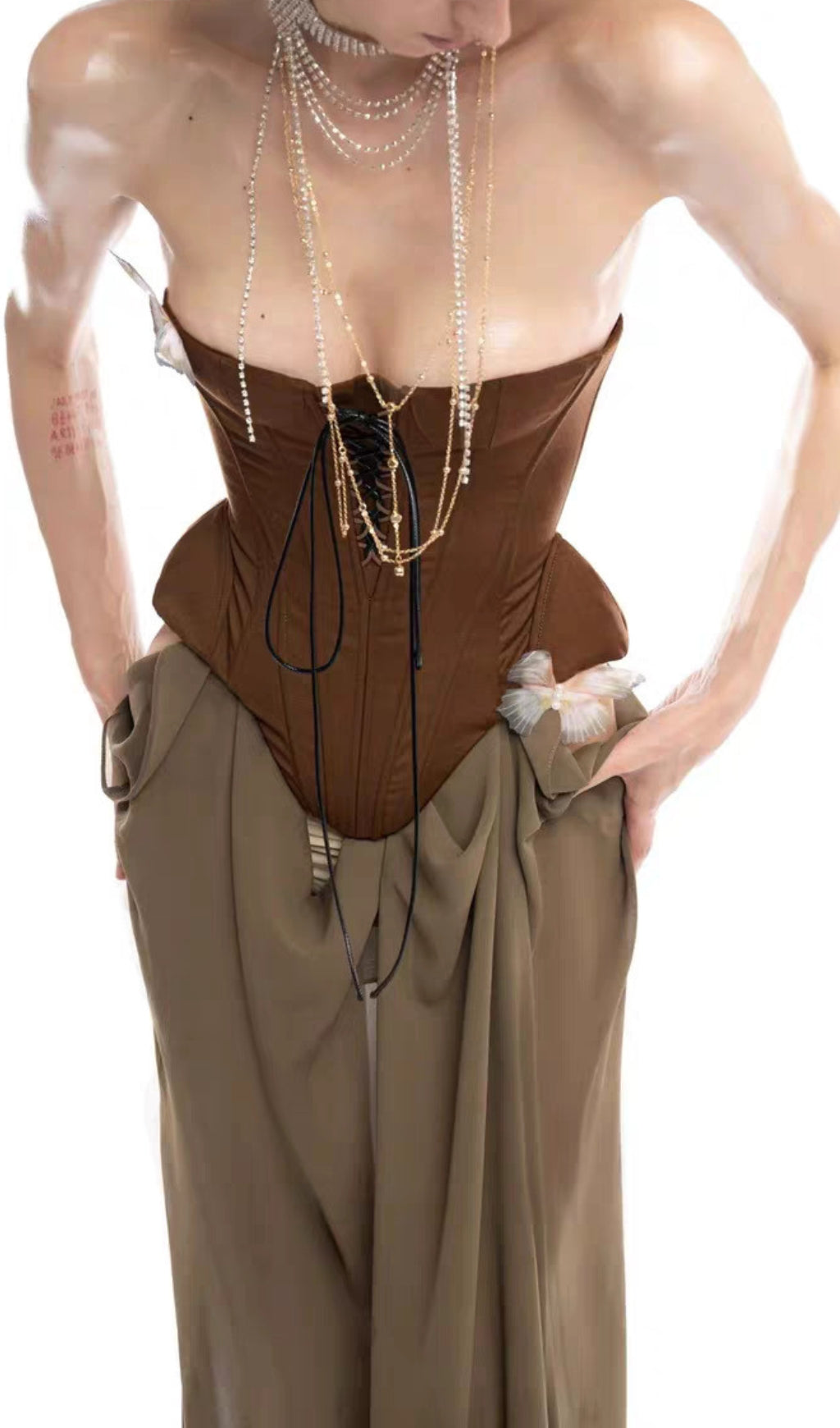 Edna Brown Strapless Corset Maxi Dress Flowering Girl