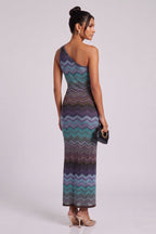 One-Shoulder Chevron Maxi Dress in Teal, Purple & Brown Flowering Girl