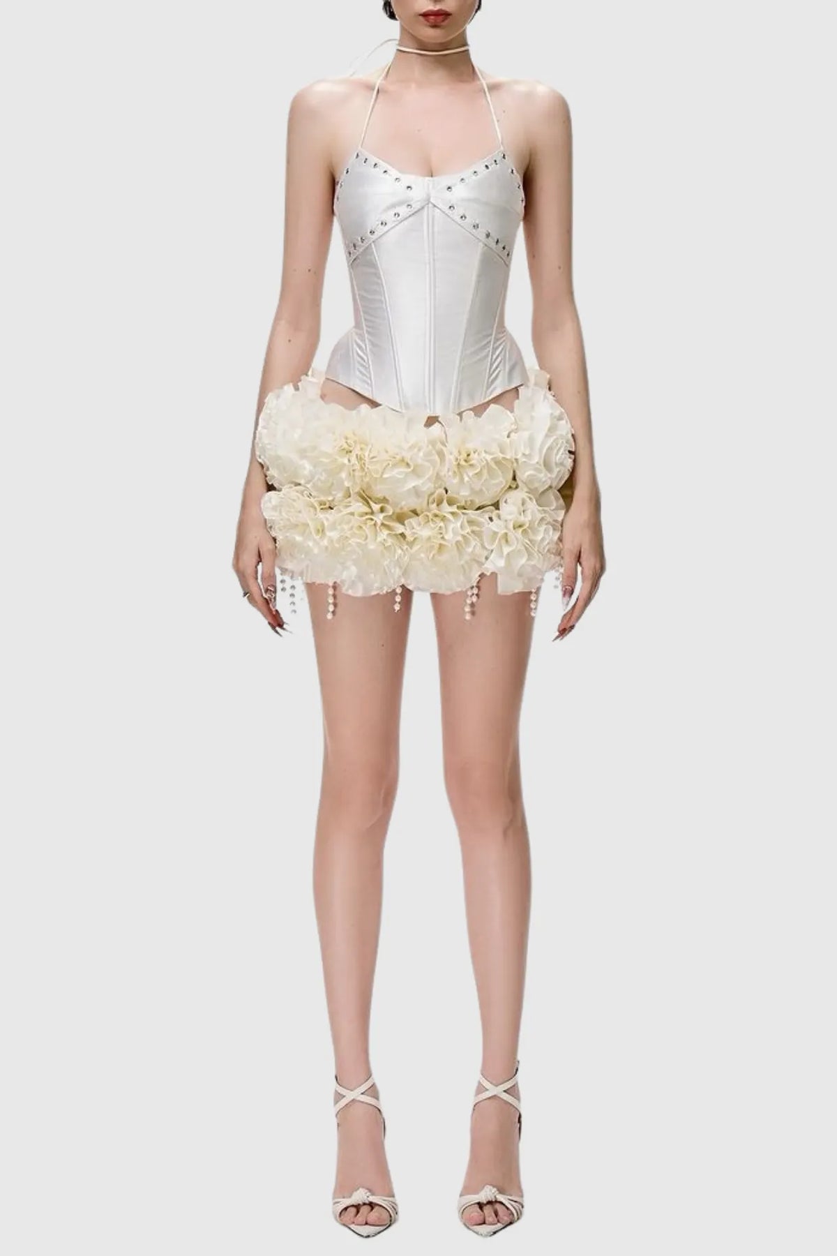 Orsolya Floral Pearl Corset Two Piece Set in Ivory Flowering Girl