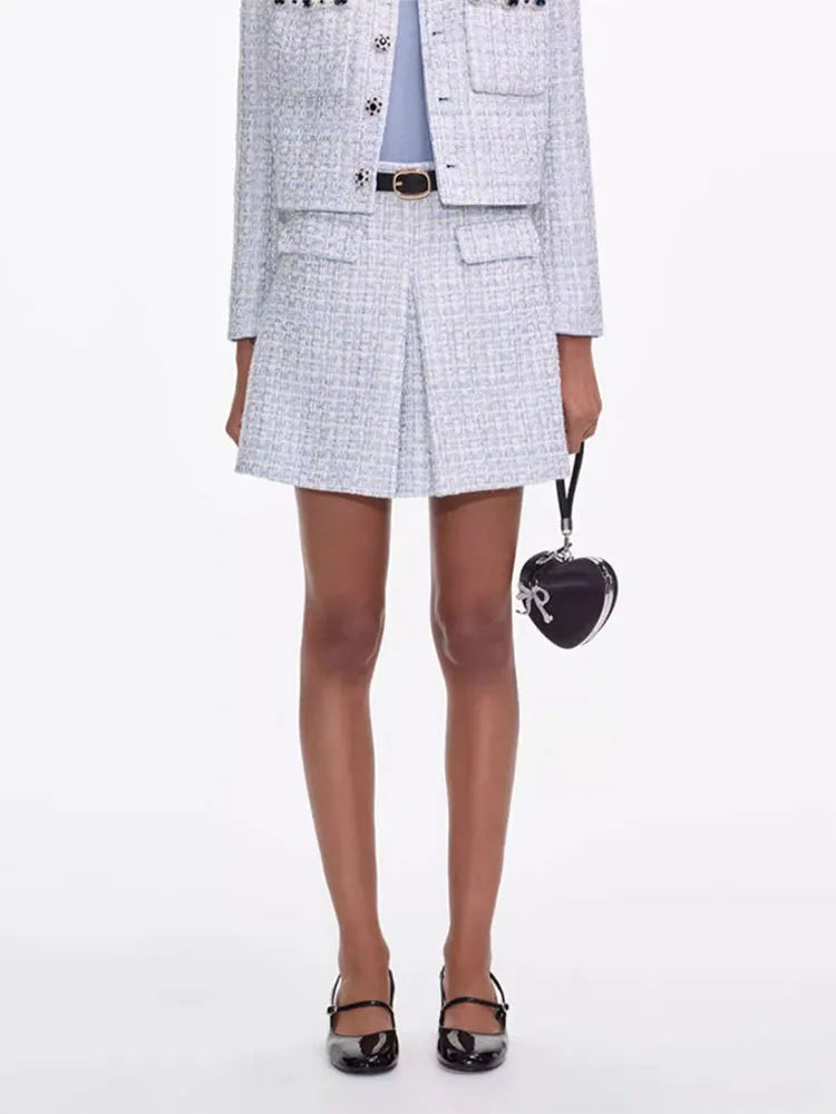 Zenobia Pale Blue Tweed Mini Skirt Flowering Girl
