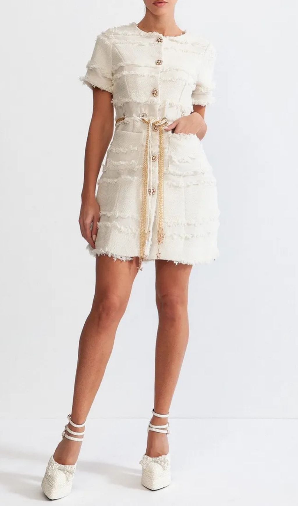 Marguerite Pearl Chain Tweed Mini Dress - Beige Flowering Girl
