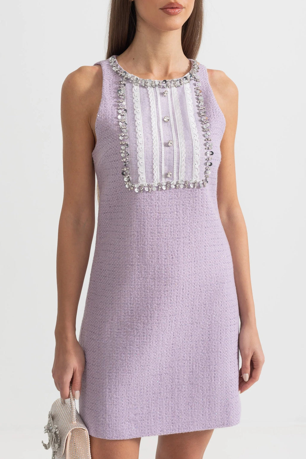 Sequin Lace Embellishments Textured Mini Dress In Purple Flowering Girl