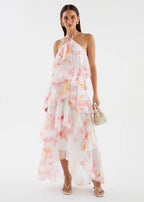 Floral Print Layerhalter Maxi Dress - Pink Floral Flowering Girl