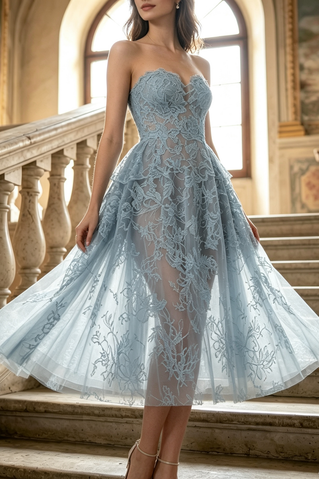BLUE BEADED LACE MIDI DRESS Flowering Girl