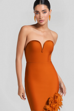 Ostrich Feather Bandage Dress With V-Neckline In Brown Flowering Girl