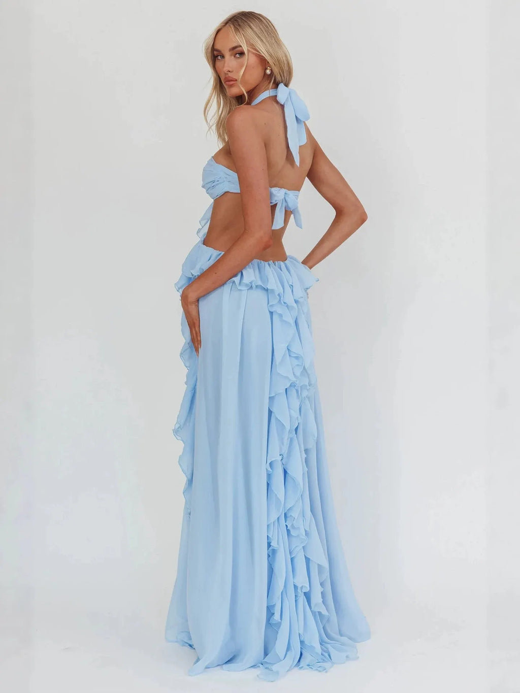 Blue Ruffle Strapless Long Chiffon Dress Flowering Girl