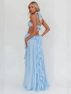 Blue Ruffle Strapless Long Chiffon Dress Flowering Girl