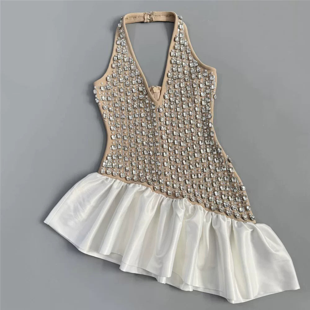 Rhinestone Mesh Halter Ruffle Satin Mini Dress Flowering Girl