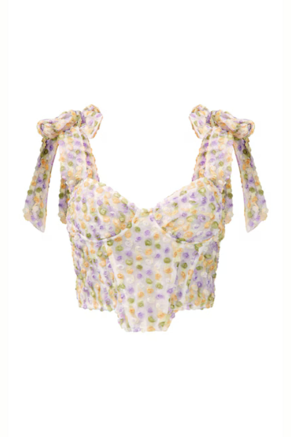 White Textured Floral Bow Strap Crop Top Flowering Girl