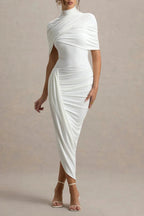 Asymmetric Cape Ruched Midi Dress - White Flowering Girl