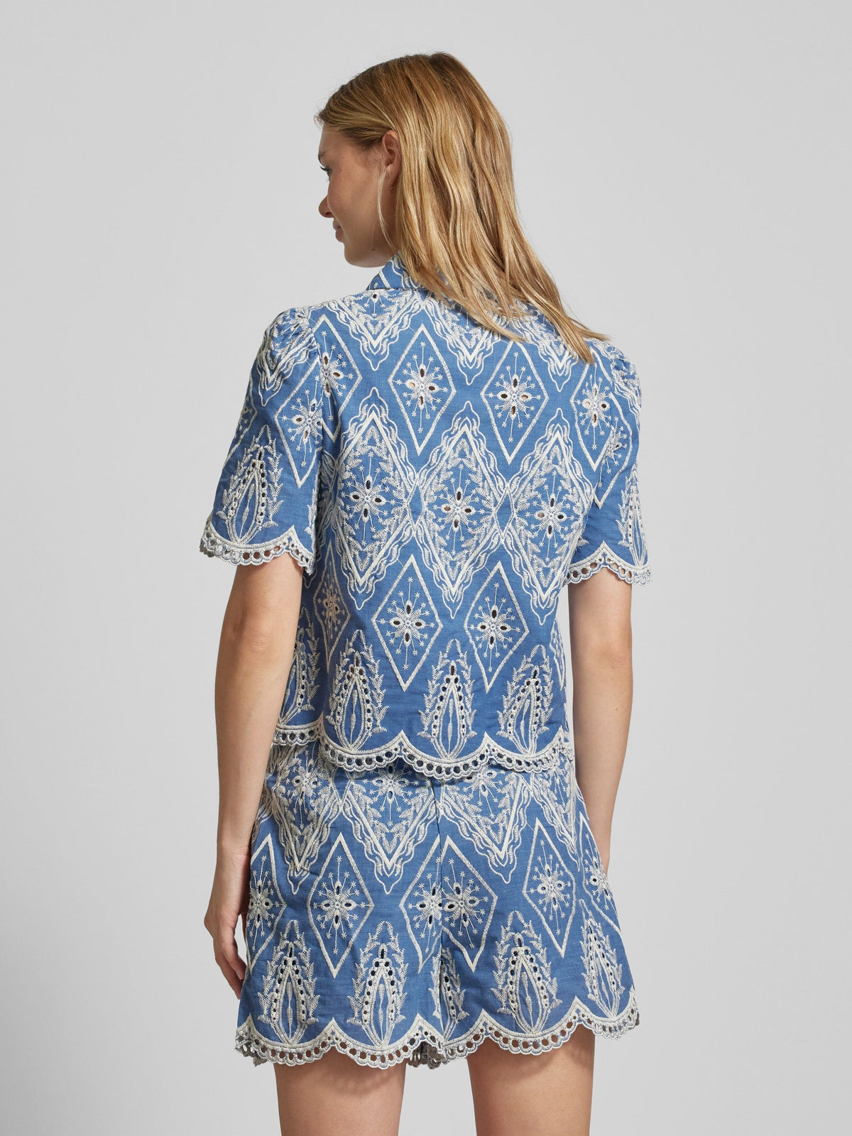 Blue & White Embroidered Puff Sleeve Lace Blouse Flowering Girl