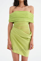Off Shoulder Ruched Mesh Mini Dress in Green Flowering Girl