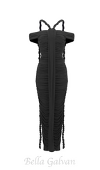 cara black off-shoulder ruched bodycon maxi dress with rope embellished Flowering Girl