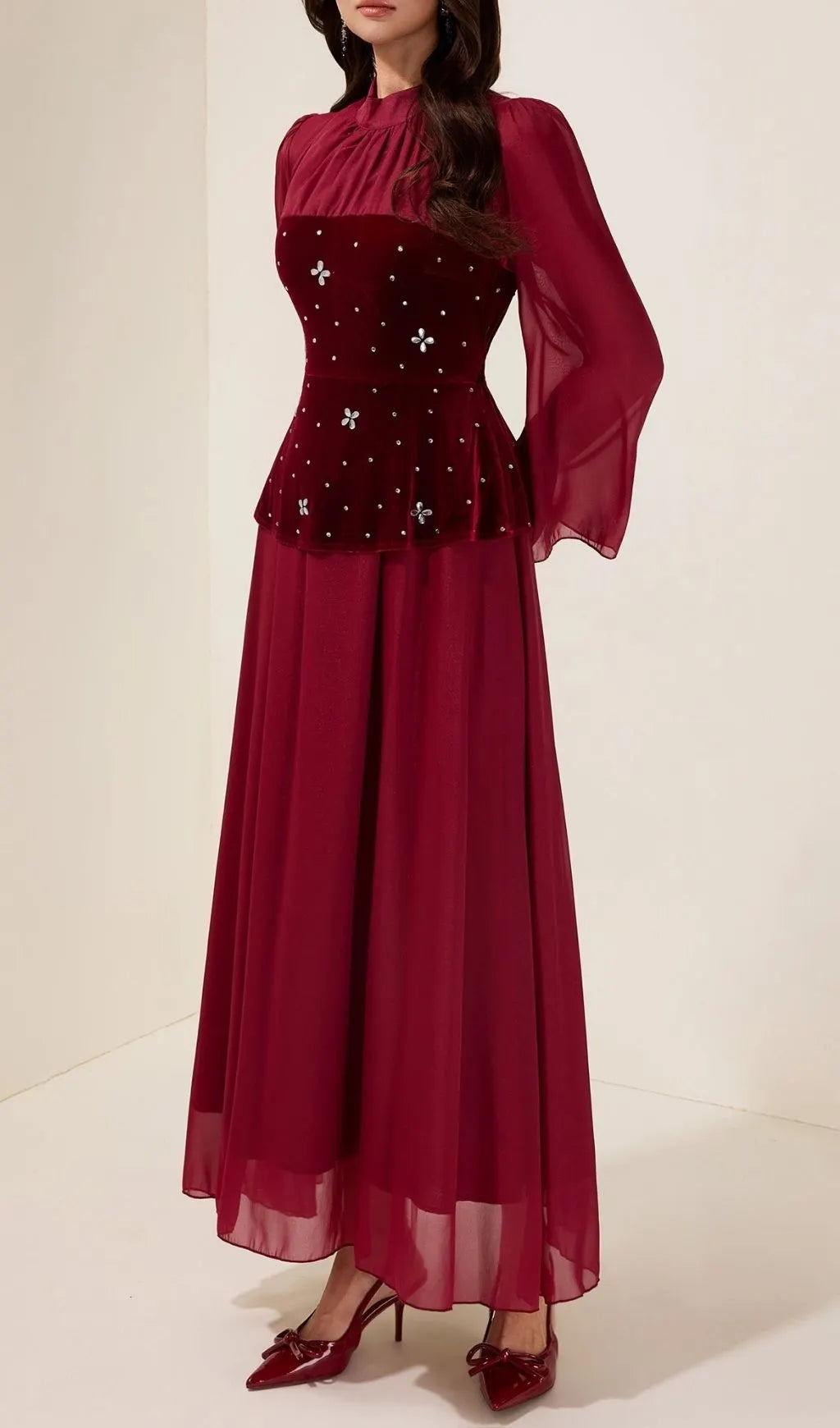 Caroline Rhinestone Velvet Splicing Maxi Dress - Burgundy Flowering Girl