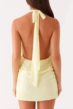 Pale Yellow Beach Halter Neck Mini Dress Flowering Girl