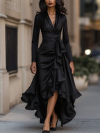 Midnight Blue Draped Satin Maxi Dress With Ruffle Details Flowering Girl