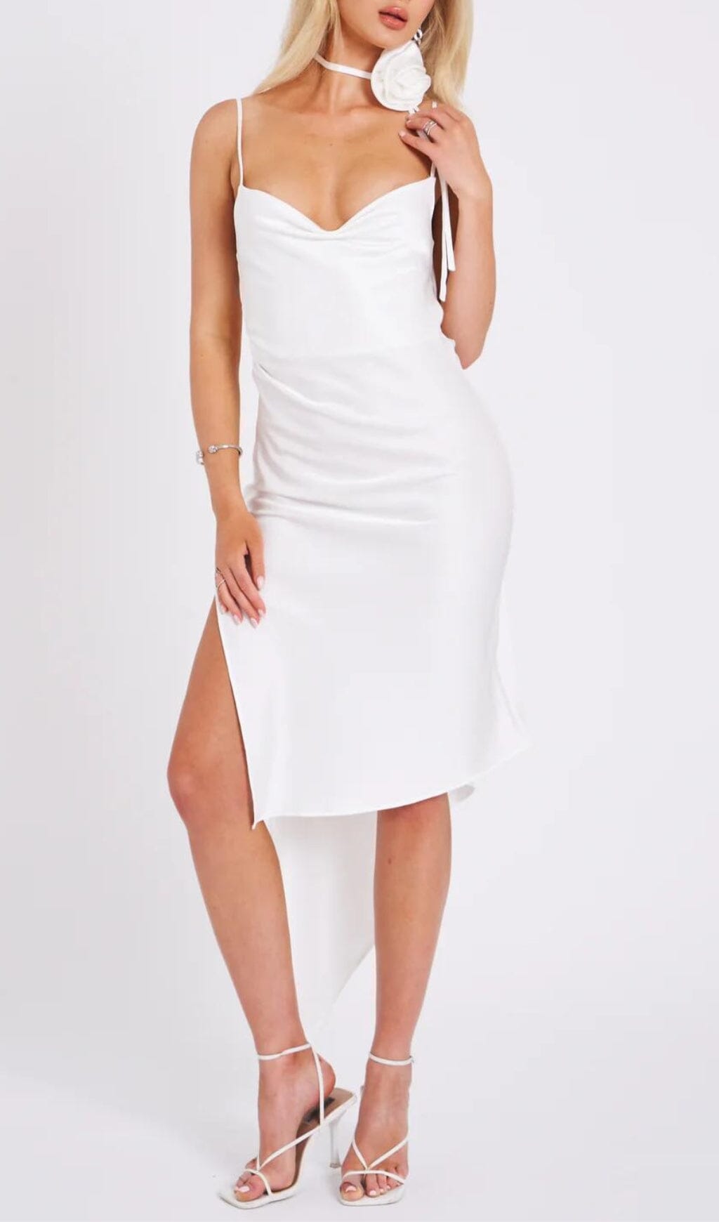 White Satin Draping Midi Dress Flowering Girl