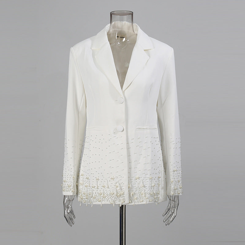 Mirabelle Long Sleeve Pearl Blazer In White Flowering Girl