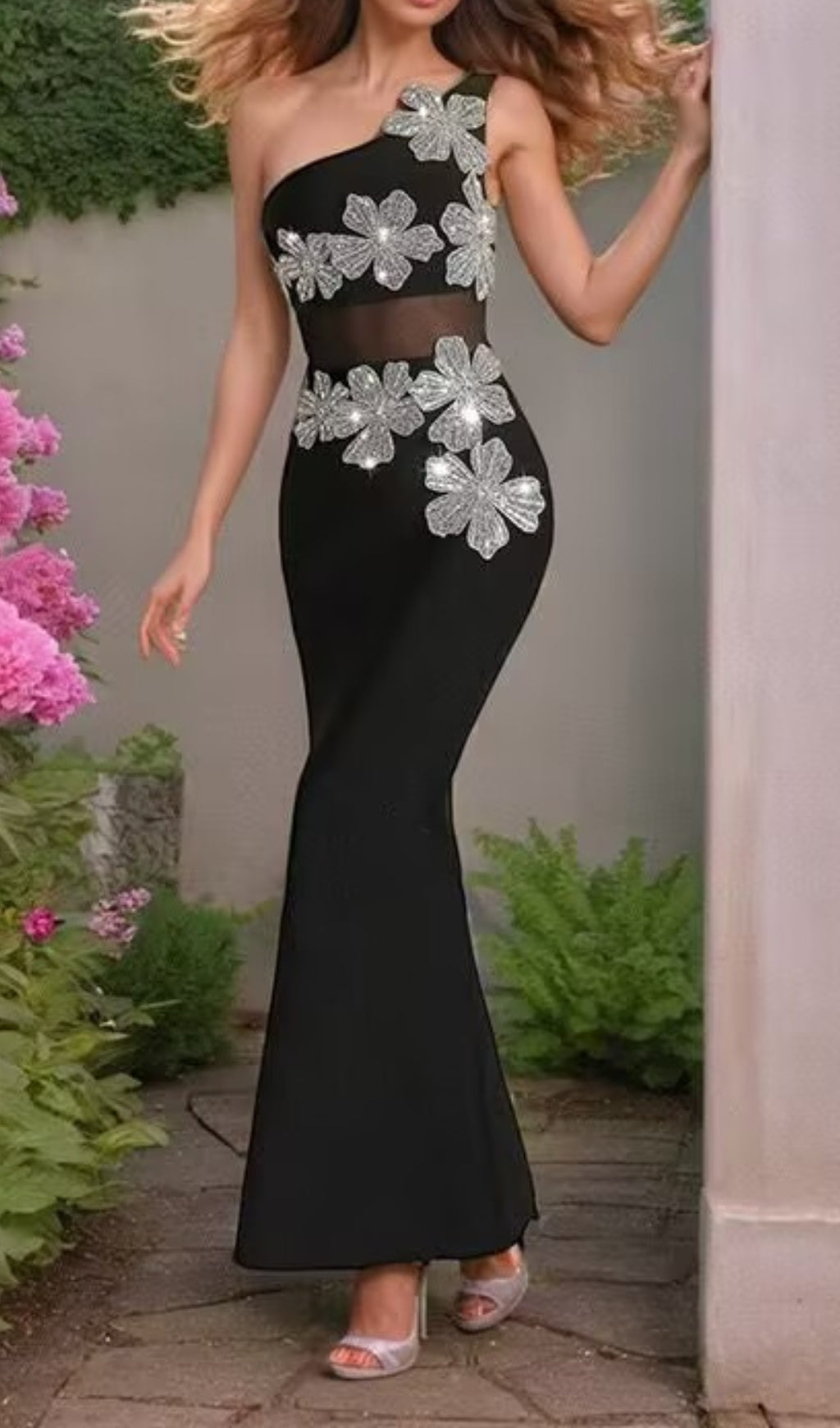 Donosa Black Flower One-Shoulder Bandage Maxi Dress Flowering Girl