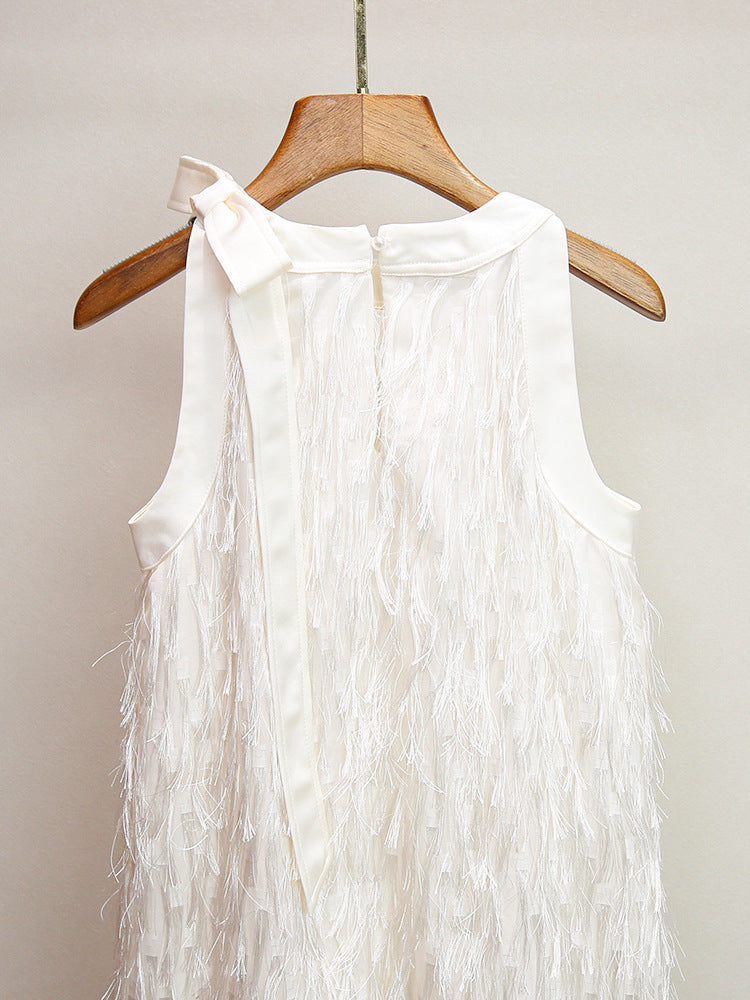 Cream Textured Woven Fabric With Ribbon Fringe Shift Dress Flowering Girl