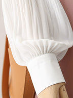 Oversized Point Collar Mixed Fabric Pleated Lantern Sleeve Satin Blouse Flowering Girl