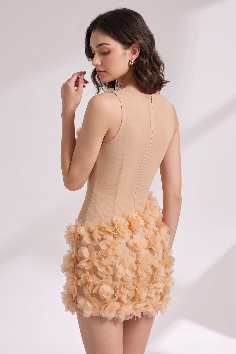Beige Sheer Mesh Bodycon Mini Dress with 3D Floral Petals Flowering Girl