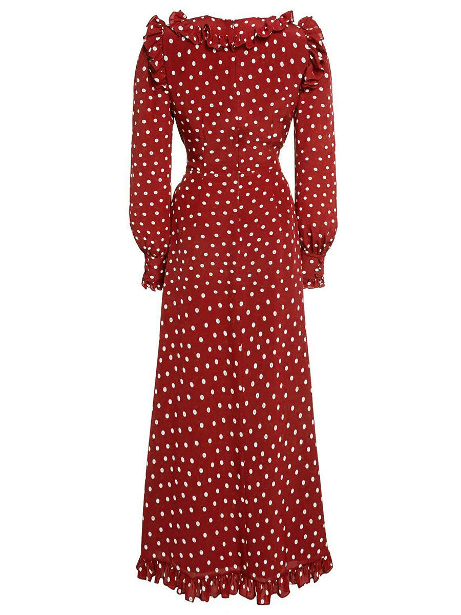Red Long Sleeve Polka Dot Midi Dress Flowering Girl