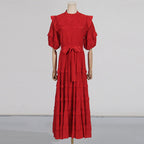 Lace ruffle trim layer midi dress in red Flowering Girl