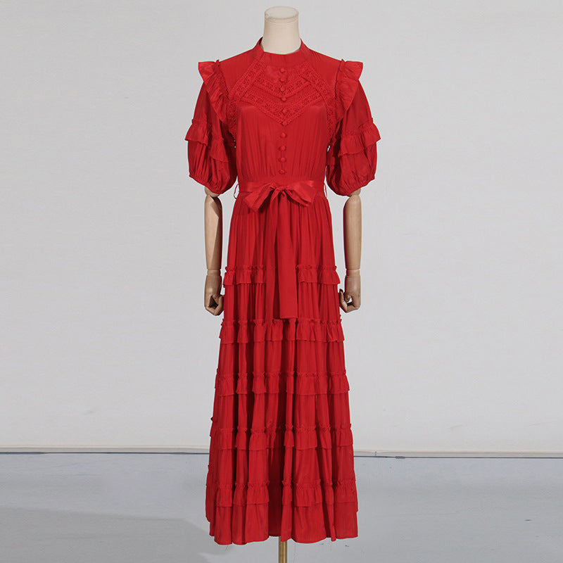 Lace ruffle trim layer midi dress in red Flowering Girl