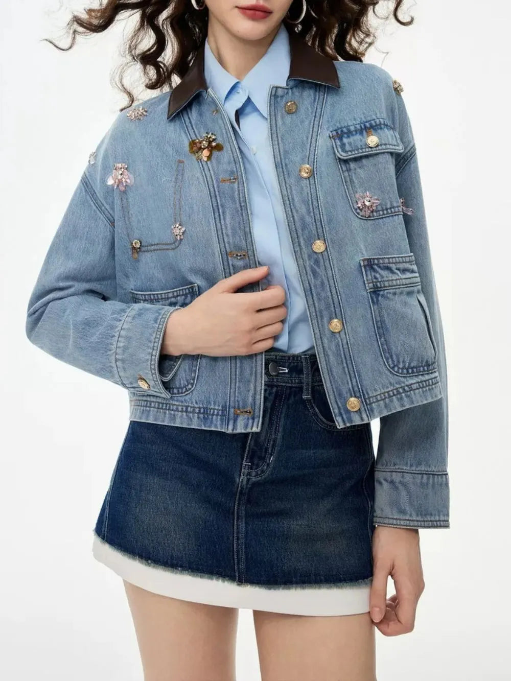 Mille Blue Embellished Denim Jacket Flowering Girl
