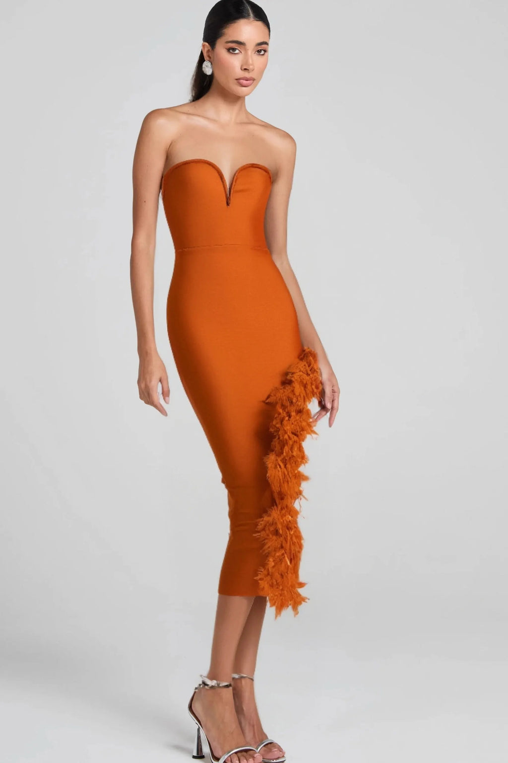 Ostrich Feather Bandage Dress With V-Neckline In Brown Flowering Girl