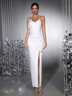 Anila 3d Floral Halter High Slit Maxi Dress In White Flowering Girl