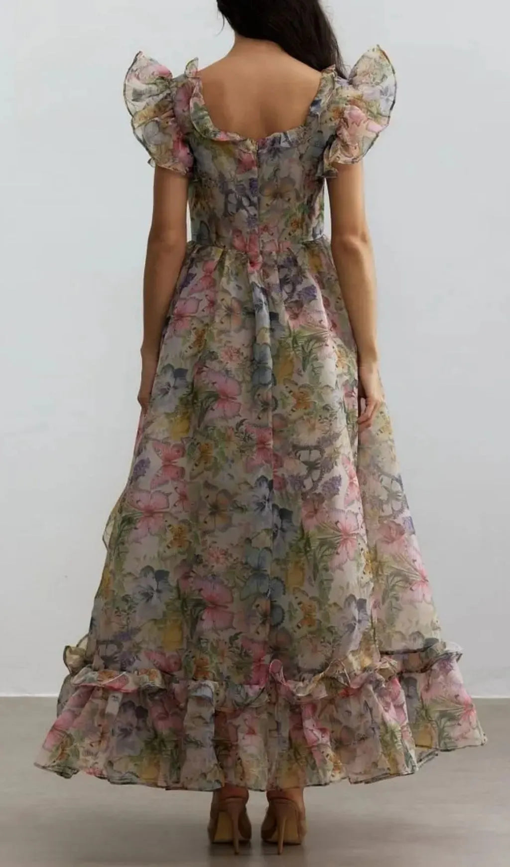Butterfly Print Ruffle Chiffon Maxi Dress Flowering Girl