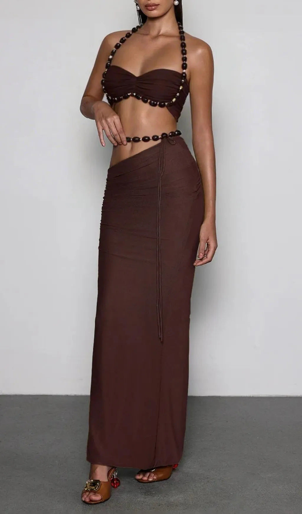 Eryna Halterneck Ruched Skirt Set In Coffee Flowering Girl