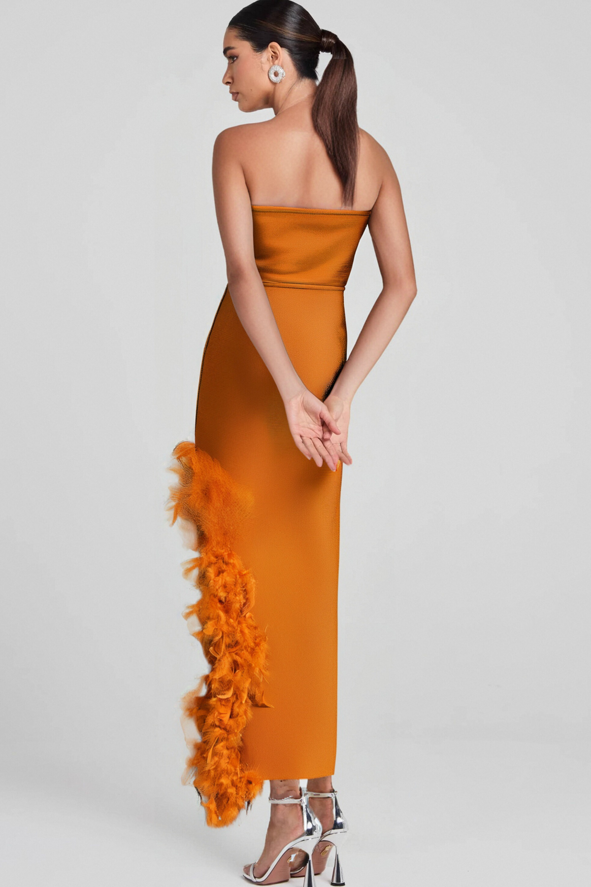 Ostrich Feather Bandage Dress With V-Neckline In Brown Flowering Girl