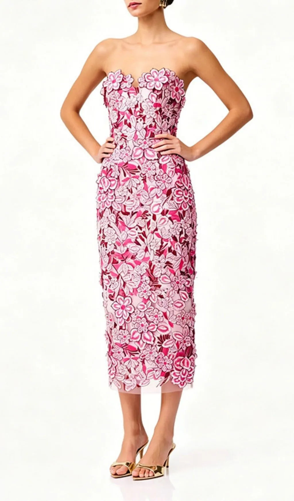 Larissa Pink Strapless Flower Embroidery Midi Dress Flowering Girl