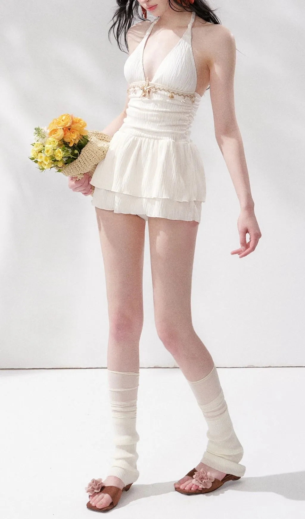 Leehi White Halter Beach Dress Flowering Girl