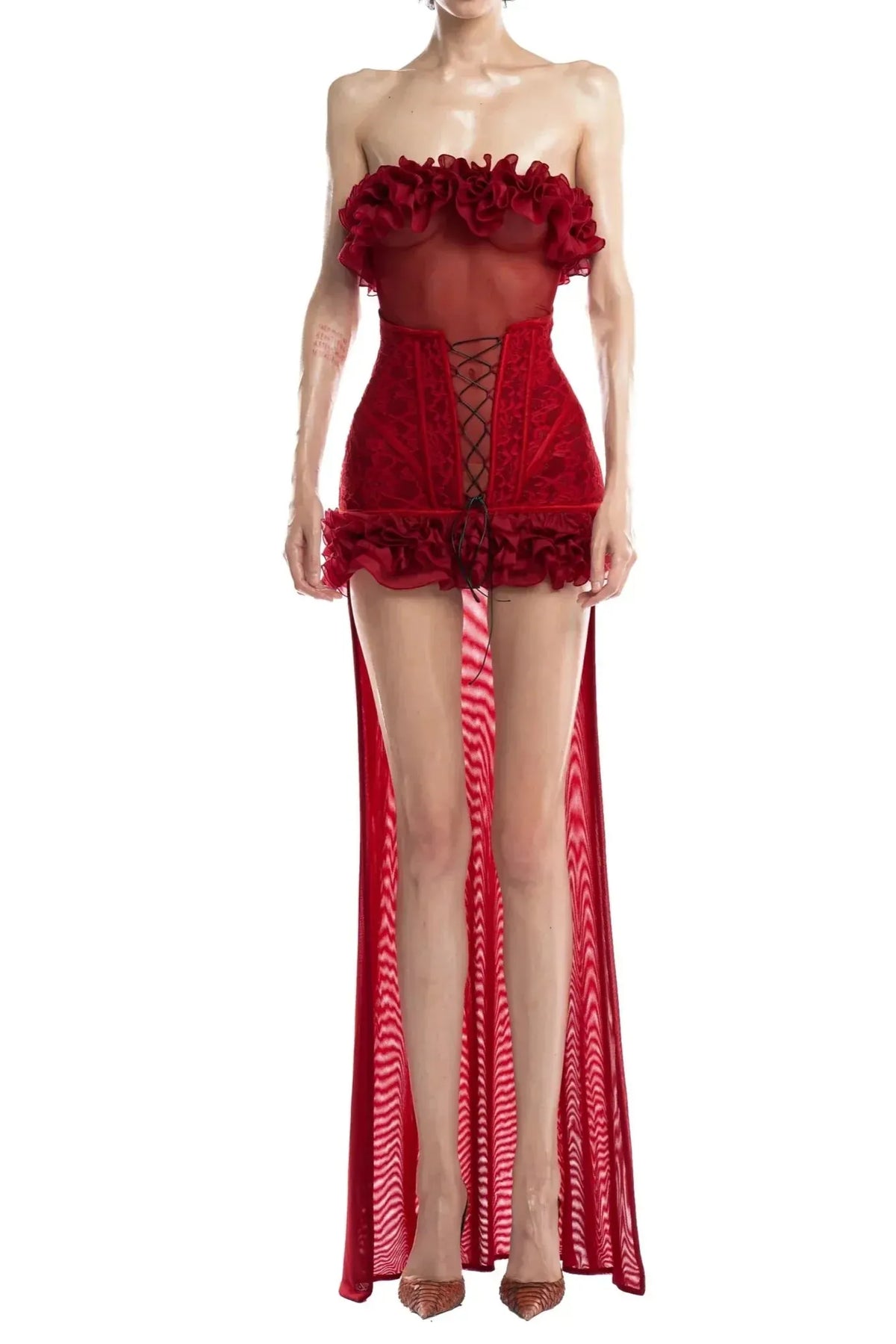 anna 3d flower lace strapless mini Dress in Red Flowering Girl